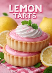 Delicious lemon tarts with pink frosting and fresh mint on a pink table
