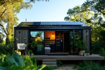 Modern off grid tiny house with solar panels, open glass doors, and cozy wooden deck surrounded by lush green nature