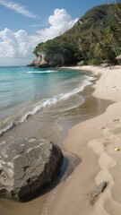 Coastal scene beach with a large rock in the foreground ocean waves cliffside with vegetation and partly cloudy sky