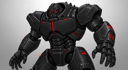 A detailed illustration of a powerful, dark metallic robot, highlighting intricate armor plating and vibrant red accents.