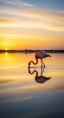 A pink flamingo, gracefully positioned at sunrise, reflects perfectly on a serene water's surface.