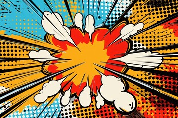Abstract Comic Book Explosion Burst with Halftone Effect in Vivid Colors and Radial Lines
