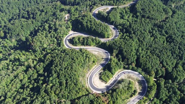 Aerial view of winding asphalt mountain road among green trees in summer. (Domani&ccedil;,İneg&ouml;l dağ yolu)
