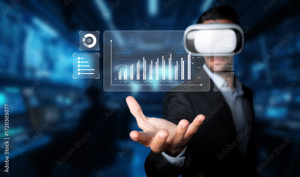 Poster a business professional engages with virtual reality to explore big data visualizations and analytic