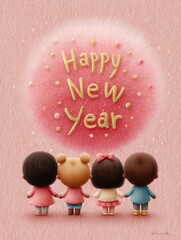 Friends celebrating the New Year with joy and excitement against a pastel backdrop