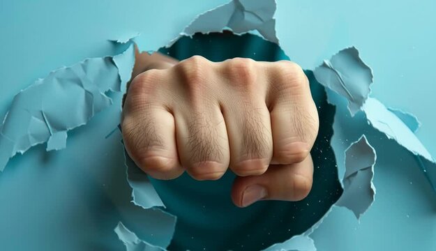 Man breaking through light blue paper with fist, closeup
