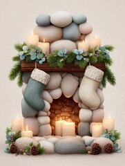 Cozy stone fireplace decorated for winter with stockings and candles