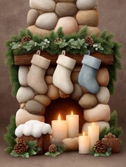 Cozy holiday fireplace with knitted stockings and tranquil candles ready for winter celebrations