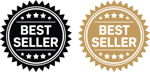 Vector illustration of two premium 'Best Seller' badges, featuring stars, presented in elegant black and luxurious gold variations, ideal for product recognition