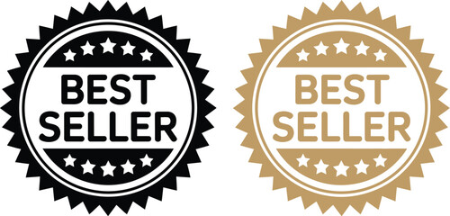 Set of two best seller vector badges in black and gold color variations for product marketing and commercial promotion