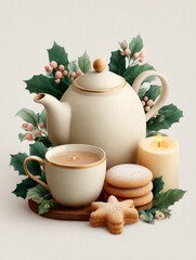 Cozy tea setting with cookies and candle surrounded by holiday greenery and decorations