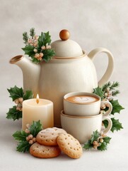 Warm tea and cookies with decorative holly and candle for a cozy winter setting