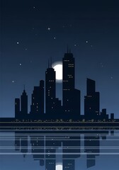 Silhouette of a city at night, reflected in a calm body of water, under a moonlit sky.