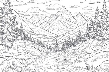 Naklejka premium Hand drawn image of hikers resting near mountain stream flowing through forest landscape, suitable for coloring pages