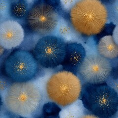 Colorful abstract design featuring blue and gold fluffy circles on a soft background