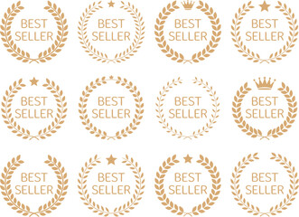 Minimalist golden vector award badges, featuring diverse laurel wreaths and crown designs, geometrically arranged on a white background, symbolizing product quality and recognition