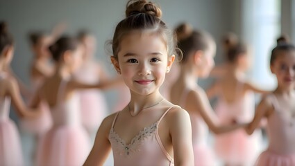 Young ballerina girl in a pink dress posing for a picture with joyful expression, capturing a memorable moment in a playful and cheerful environment suitable for photography