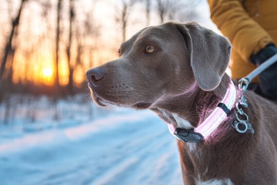 During a chilly winter evening, a dog with an illuminated collar explores a snow-covered landscape, highlighting the importance of pet safety, visibility, and secure outdoor walks in snowy