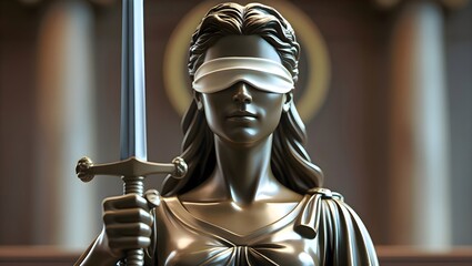 Statue of Themis with a blindfold holding a sword, representing legal authority and justice in public areas or courtroom interiors with detailed sculptural work
