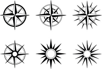 Set of Compass Rose Illustrations Navigation Icons in Black and White, Perfect for Design