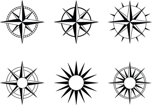 Collection of elegant black and white compass rose designs for navigation and exploration