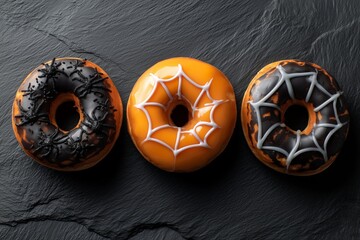 Halloween donuts with spider and web icing decoration