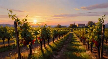 Naklejka premium Scenic Vineyard Landscape During a Golden Hour Sunset.