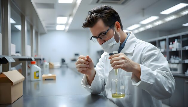 Male in a lab coat and glasses holding a beaker in a laboratory, demonstrating scientific experiment, chemical reaction, and laboratory procedure