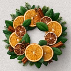 A beautiful wreath combines dried orange slices, cinnamon sticks, and vibrant green leaves
