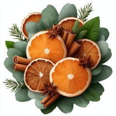 Dried oranges and spices arranged beautifully with green leaves for decoration