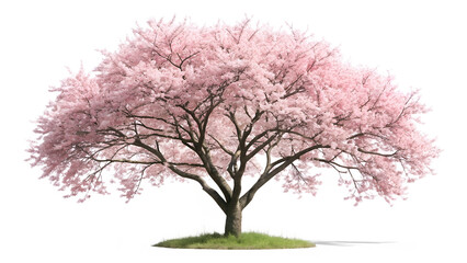 Majestic cherry blossom tree in full bloom isolated on transparent background, showcasing delicate pink flowers and intricate branches against a clear backdrop