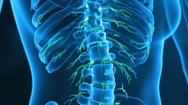 Detailed 3D Medical Illustration of Human Spine and Nervous System Highlighting Vertebrae, Spinal Cord, Ribcage, and Nerve Pathways in Glowing Blue and Green Rendering