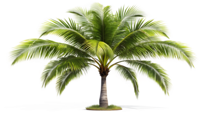Coconut palm tree with green leaves isolated on transparent background, a tropical symbol of summer, vacation, and relaxation in a sunny paradise