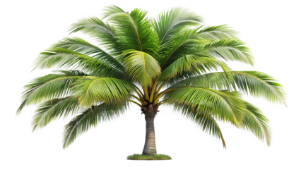 Lush coconut palm tree with vibrant green fronds isolated on transparent background, evoking a sense of tropical paradise and serene relaxation