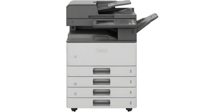 Modern office multifunction printer with scanner, copier, and fax capabilities, isolated on transparent background
