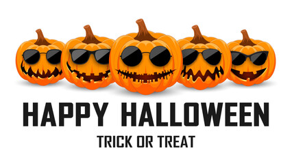 Halloween pumpkins wearing sunglasses, grinning. Happy Halloween and Trick or Treat text. Hipster orange pumpkins with smile for the holiday Halloween. Vector illustration