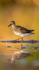 Obraz premium A sandpiper wading in shallow water, its reflection clear