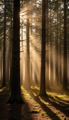 Forest scene with tall barebranched trees bathed in golden sunlight streaking through the canopy onto a mossy ground