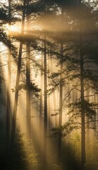 Forest scene with tall thin trees backlit by sunlight and fog creating light shafts