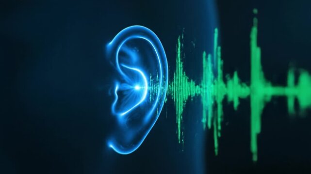 Glowing Blue Ear with Green Sound Waves Depicting Hearing, Audio Technology, and Innovation in Sound Analysis for Futuristic Auditory Science