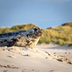 Seal resting on a sandy beach, early morning light