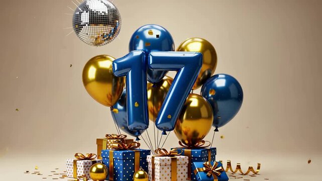 Celebratory seventeenth birthday scene with floating balloons and falling confetti