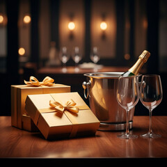  A sparkling wine bottle in an exquisite ice bucket, alongside refined, high-standard glasses and a golden gift box, all set on a polished, high-end wooden table