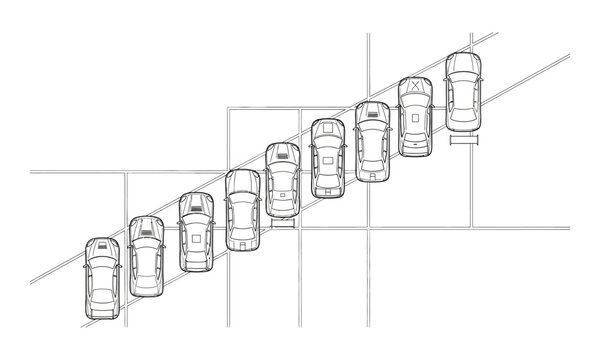 Diagram of Cars Parked in a Diagonal Row on an Inclined Surface.