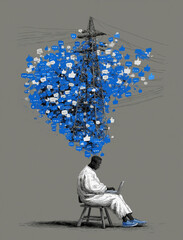 Social media communication, business, communicating, social marketing, comments, concept, social media content, layered, business owner managing comments online about company