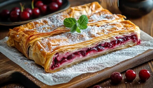 Traditional cherry strudel slices on parchment paper on wooden cutting board, flaky phyllo pastry layers, golden brown crust, powdered sugar dusting, fresh mint leaves garnish
