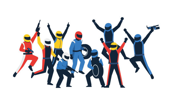 Diverse group of cartoon race car drivers in colorful suits and helmets celebrating victory.