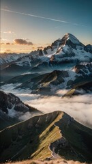 Mountain range view with winding ridge clouds and snowy peaks bathed in the warm light of sunrise or sunset