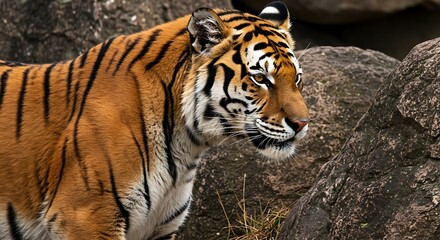 Naklejka premium A majestic tiger stands alert amongst rocks, showcasing its striking orange and black striped coat.