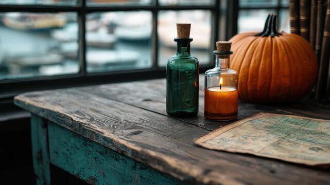 Cozy autumn setting with vintage glass bottles, pumpkin, candle, and old map on rustic wooden table beside a window 4k video footage